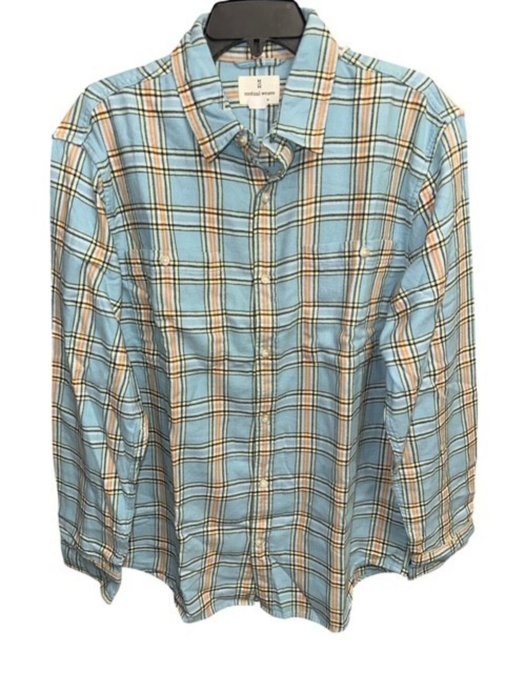 Mutual Weave Shirt Mens XXL Lightweight Flannel Blue Plaid Pocket Long Sleeves